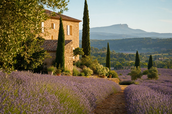 Lavender fields and stone village in Provence, France on a sunny day