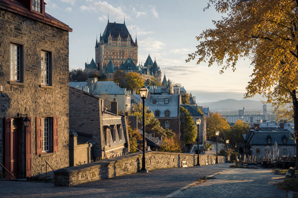 Old Quebec City's cobblestone street with Château Frontenac in the background