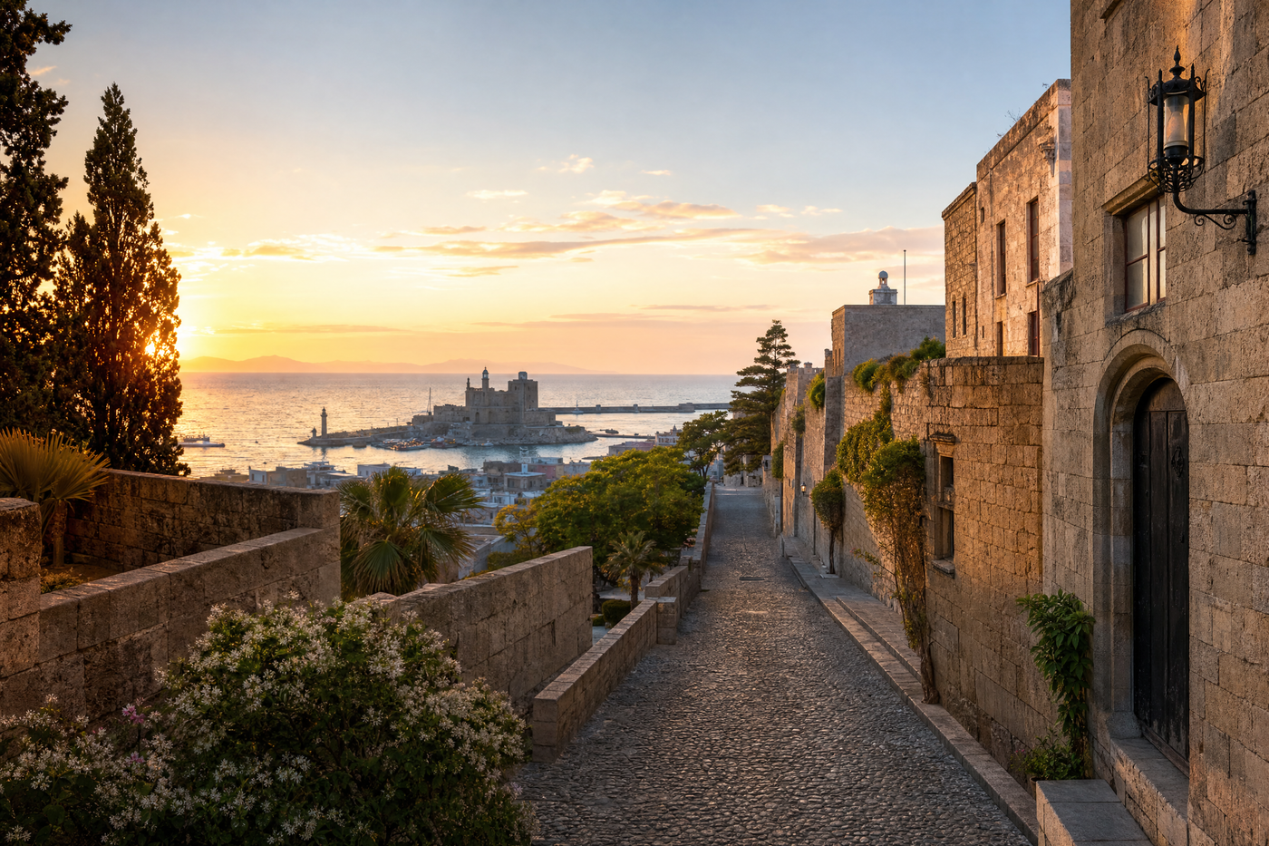 A tranquil medieval street in Rhodes Old Town at sunset