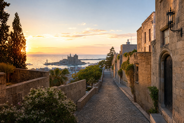A tranquil medieval street in Rhodes Old Town at sunset