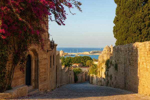 Old Town walls and harbor of Rhodes, viewed at sunset with budget-friendly travelers walking nearby.