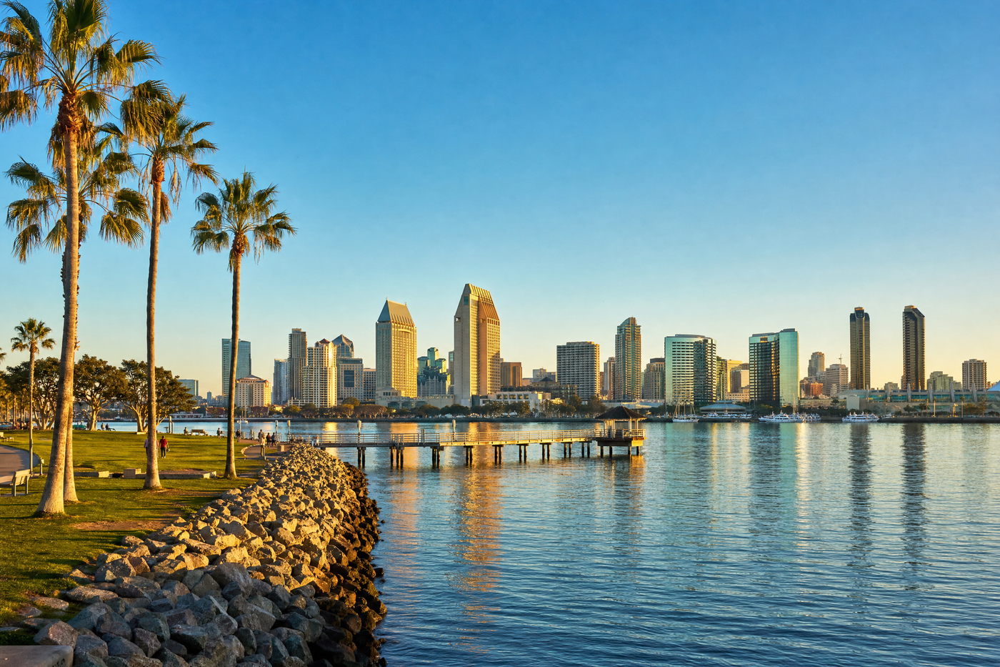 Scenic view of San Diego's waterfront with skyline and palm trees under a clear blue sky