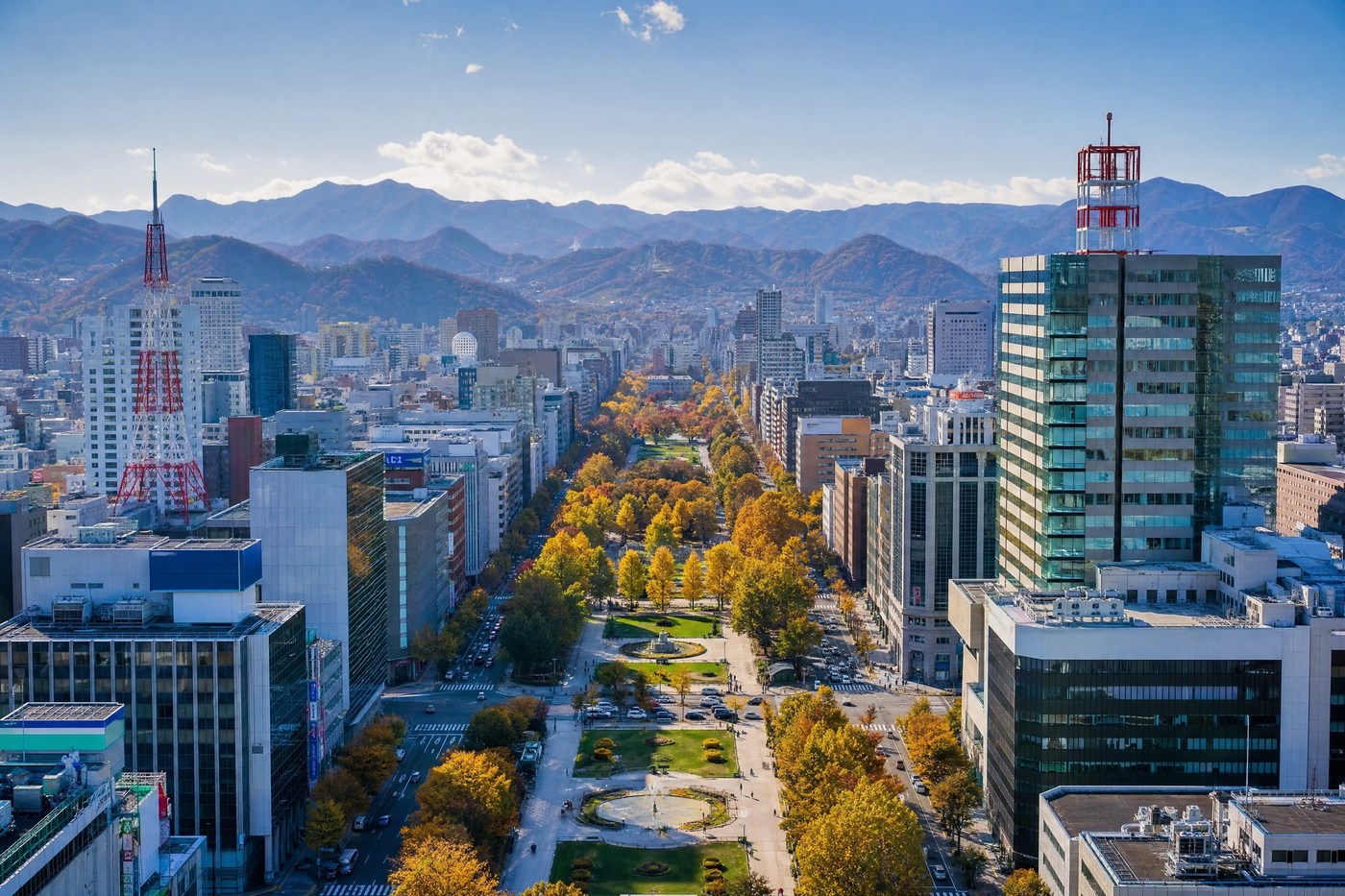Sapporo’s Odori Park with city skyline and distant mountains