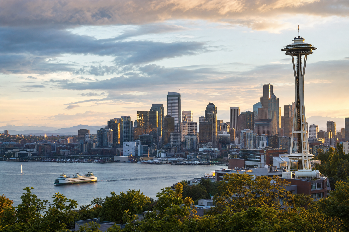 Panoramic view of the Seattle skyline with the Space Needle at sunset