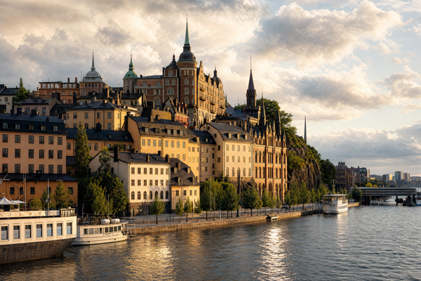 Panoramic view of Stockholm’s colorful old town and waterfront on a clear day