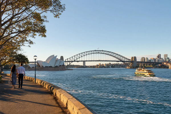 Sydney Opera House and Harbour Bridge viewed from a public park on a sunny day