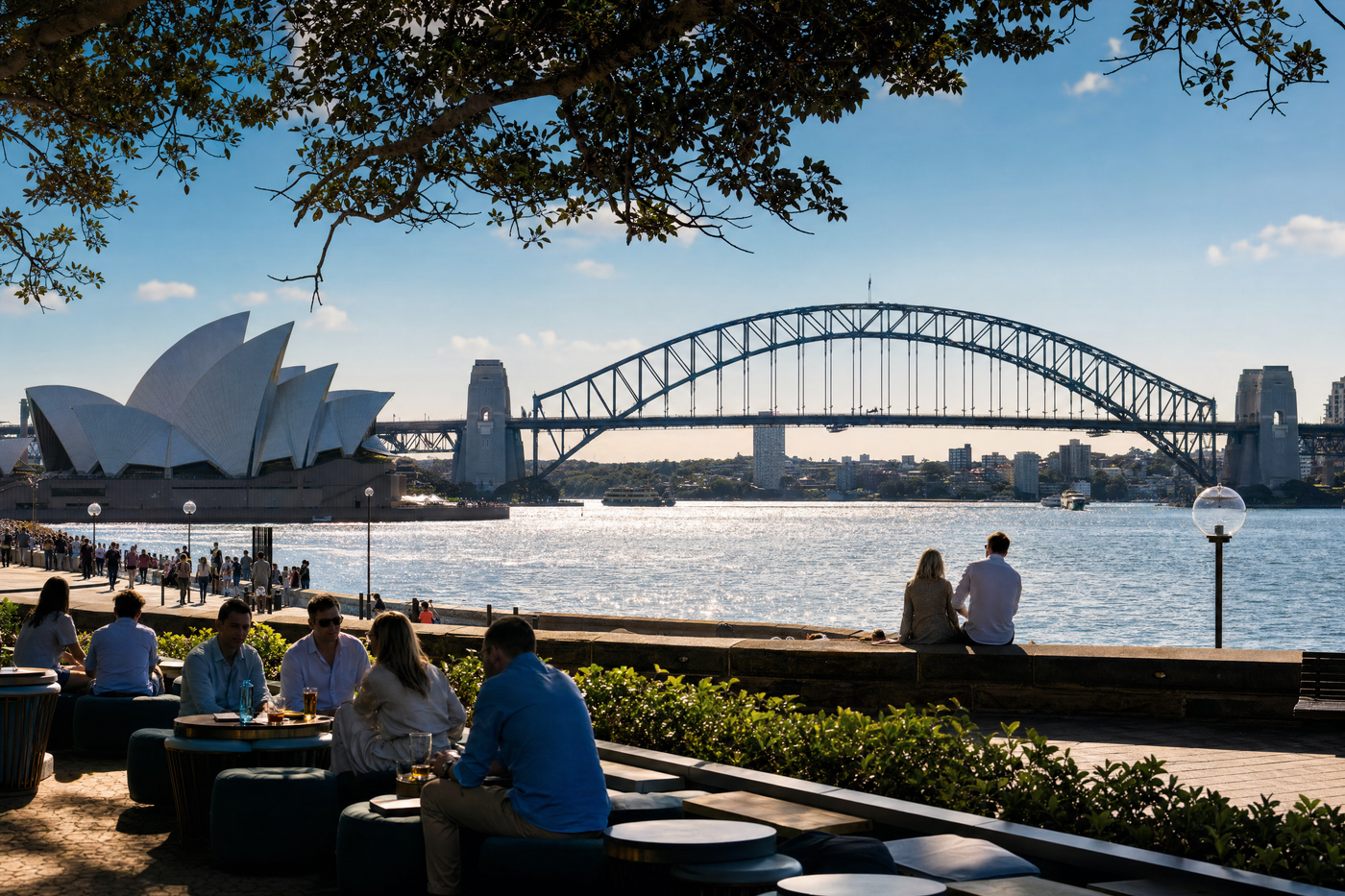Sydney Harbour and city skyline during daytime, with the Opera House and Harbour Bridge visible