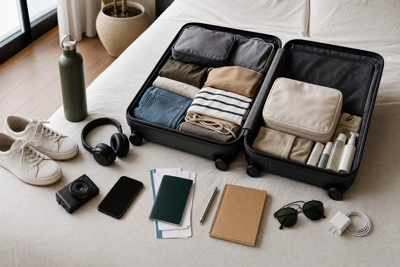 Open carry-on suitcase with neatly packed essentials for a one-week trip