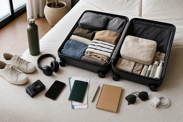 Open carry-on suitcase with neatly packed essentials for a one-week trip