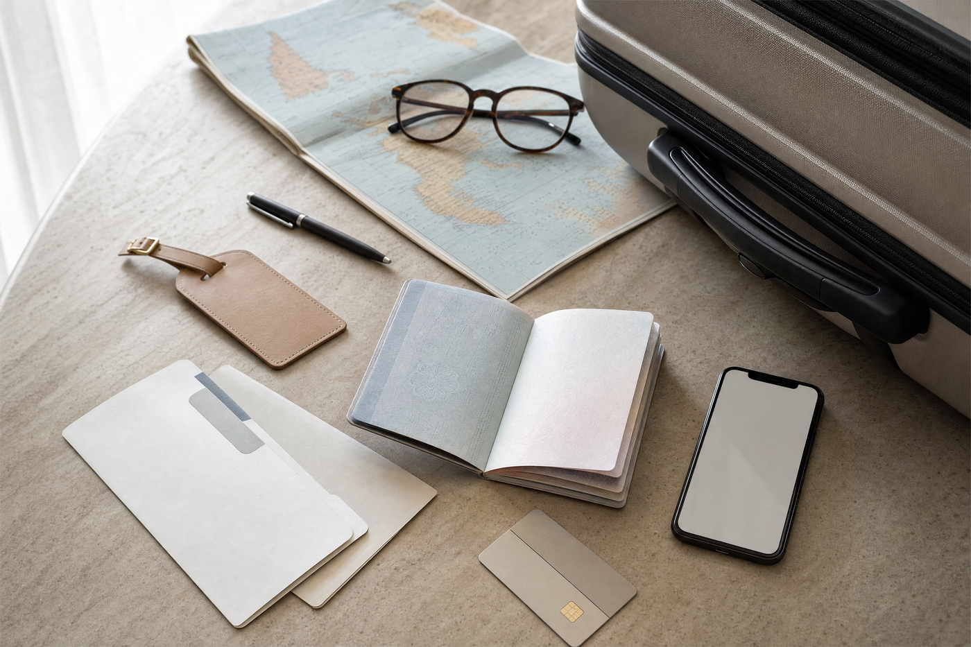 Travel documents checklist with passports, visa forms, flight tickets, and insurance papers on a table