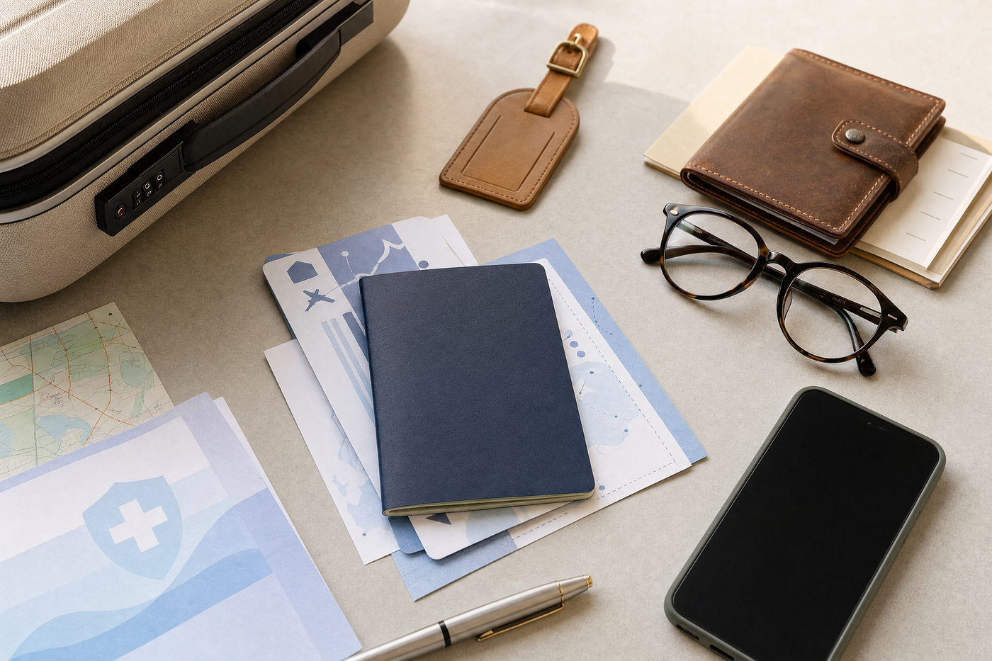 An open passport, printed travel documents, and a pen on a wooden desk, ready for a trip.