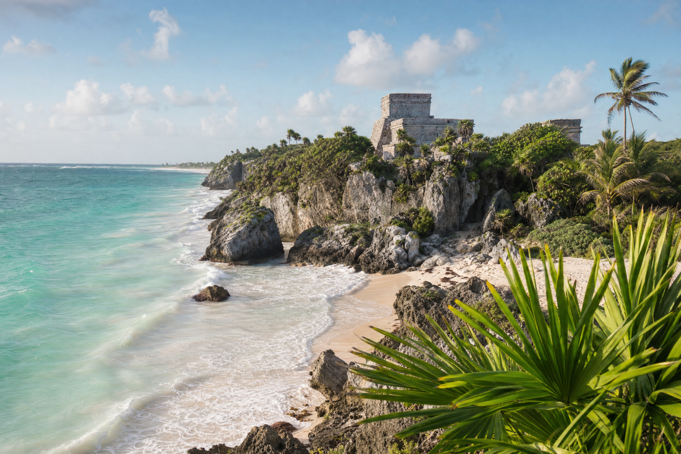 Tulum ruins overlooking the turquoise Caribbean Sea at sunset