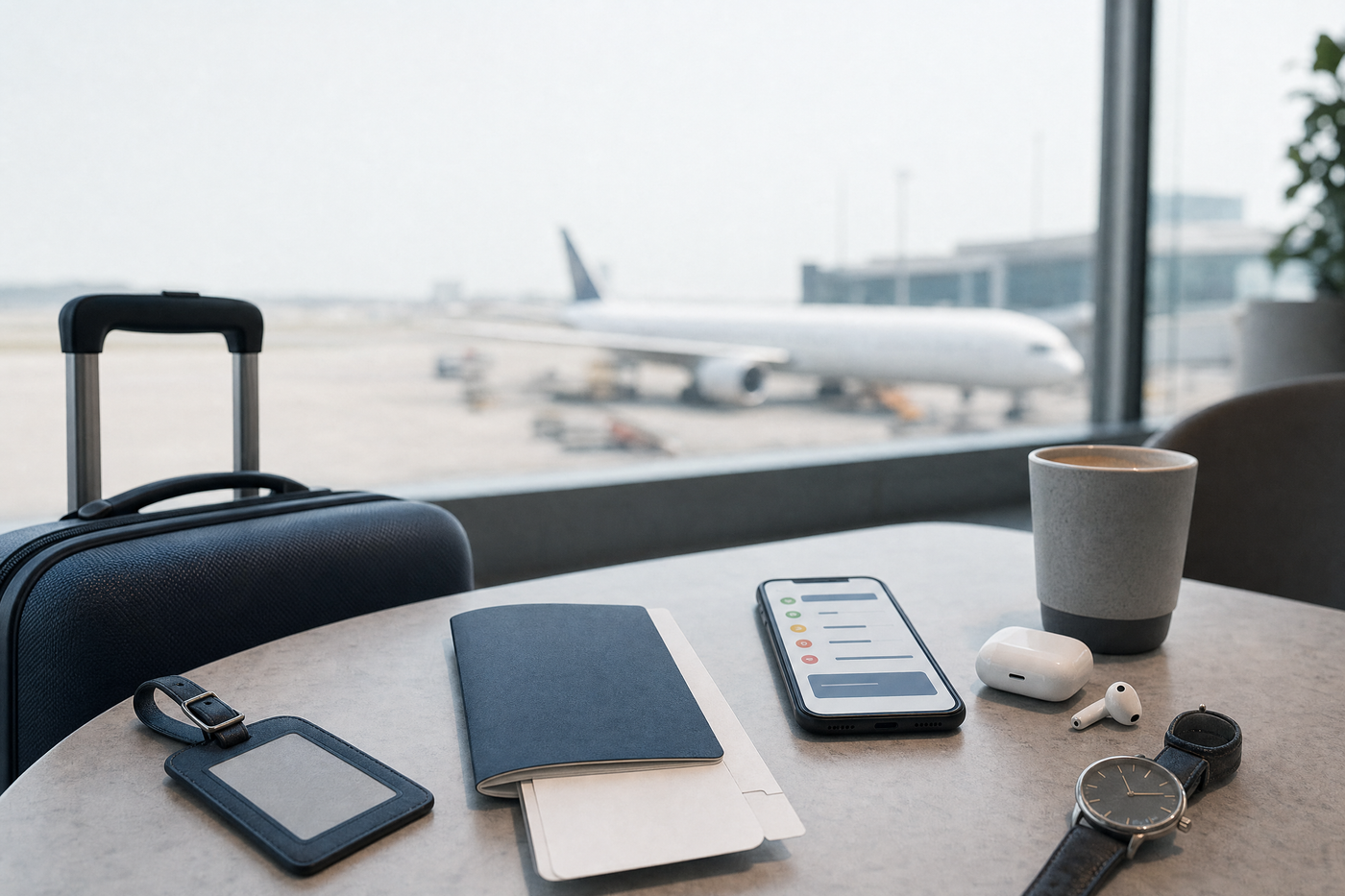 Frustrated traveler checking rebooking options at airport desk