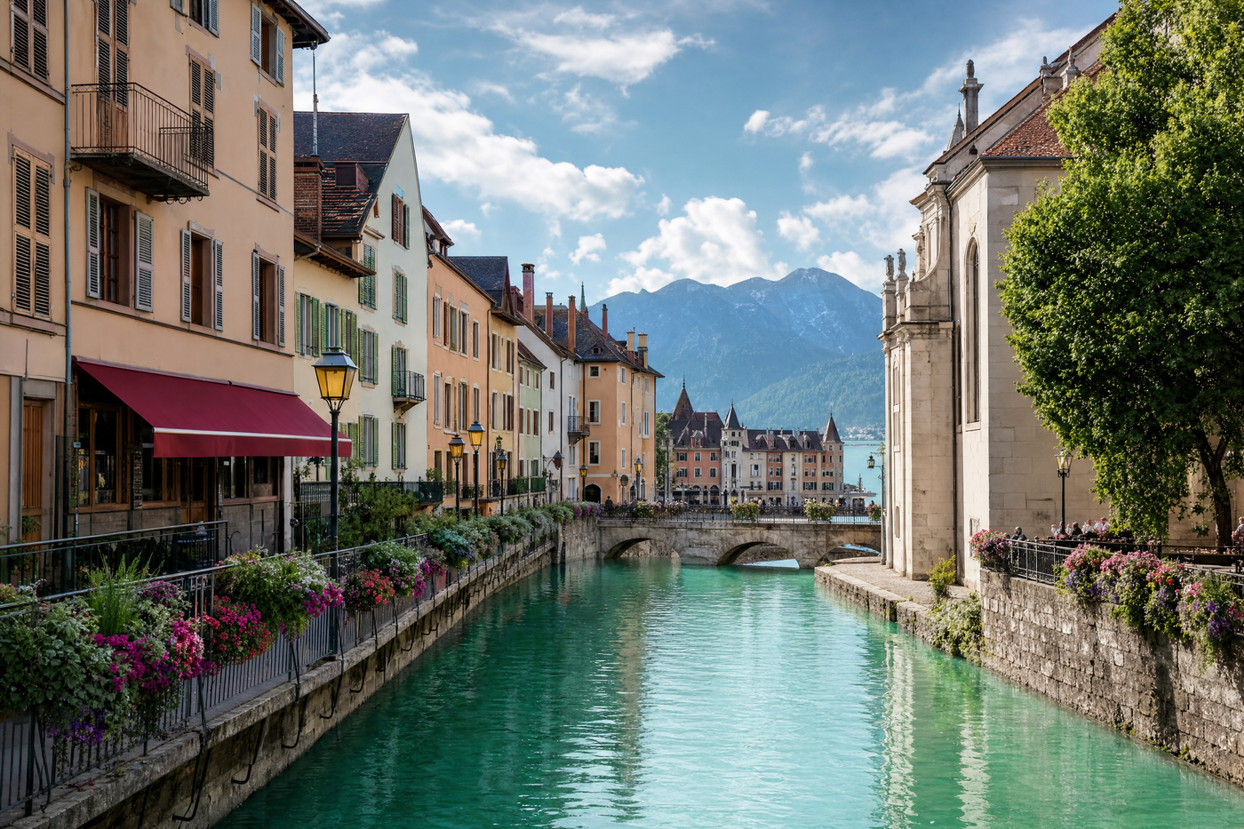 A view of Annecy's old town with colorful buildings alongside the canal, bordered by mountains.