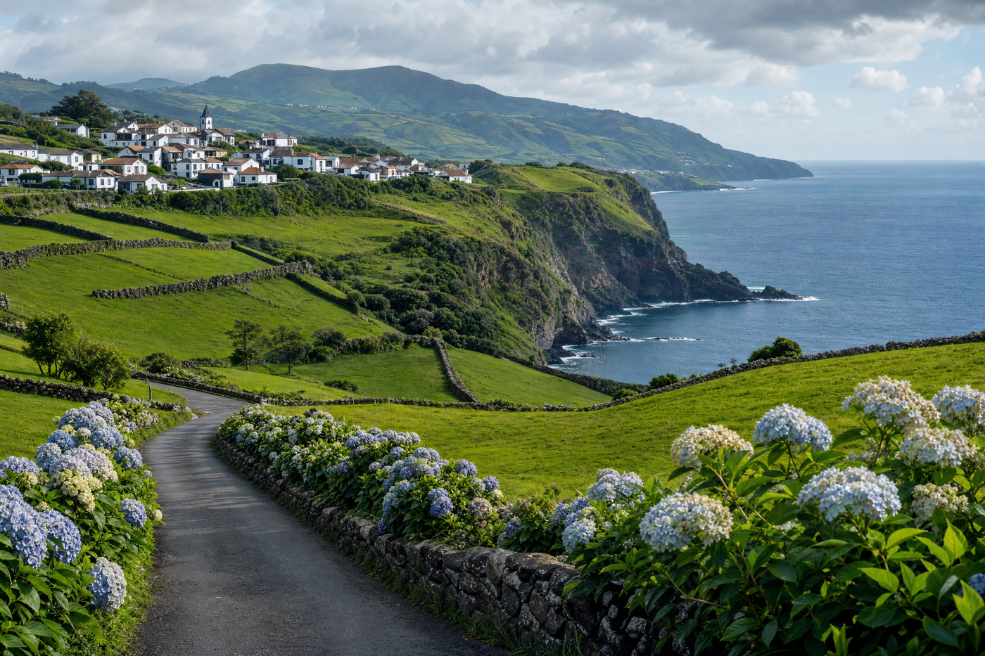Panoramic view of a colorful Azorean village by the ocean with lush green hills in the background