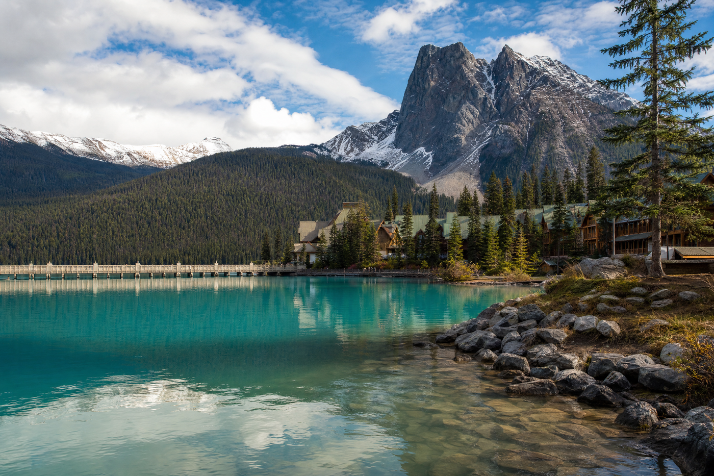 Banff town with hotels nestled among the Rocky Mountains