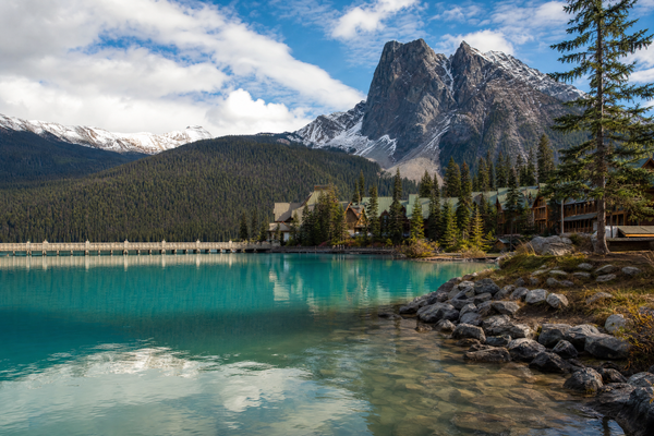 Banff town with hotels nestled among the Rocky Mountains