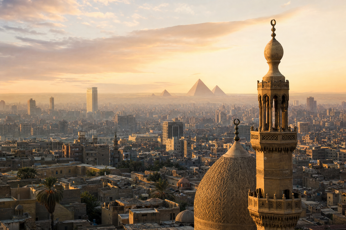 Panoramic view of Cairo with neighborhoods along the Nile river, hotels, and city landmarks