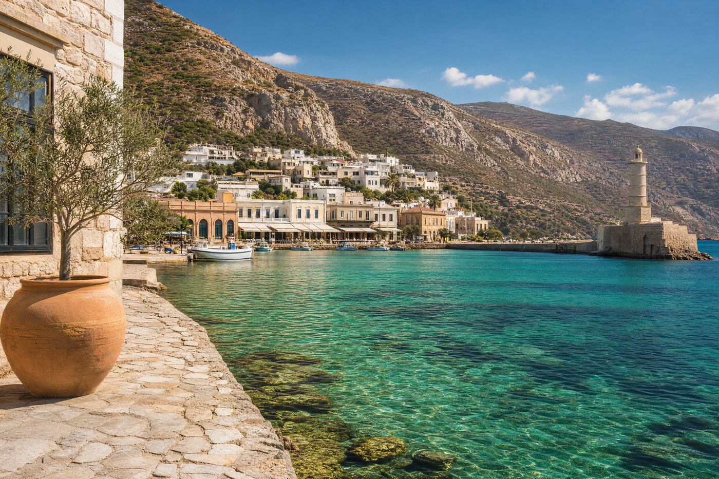 View of a picturesque Cretan village on the coast with hotels and turquoise sea