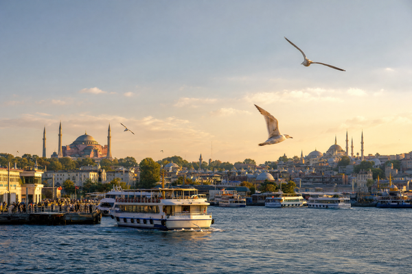 View of Istanbul neighborhoods with mosques, Bosphorus, and colorful buildings