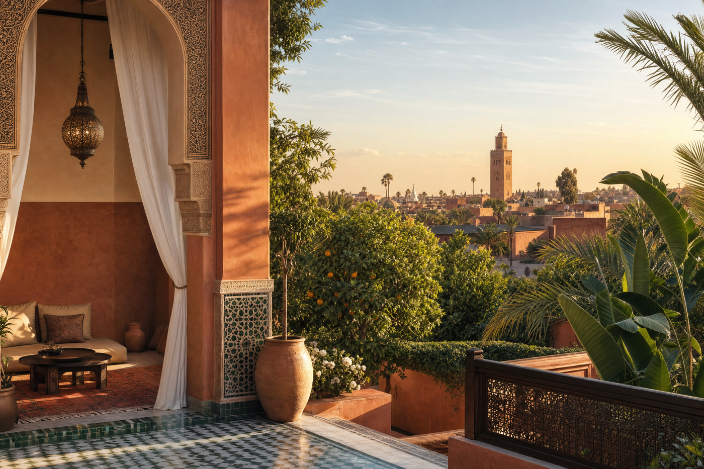 Aerial view of Marrakech rooftops with riads, gardens, and city walls at sunset.