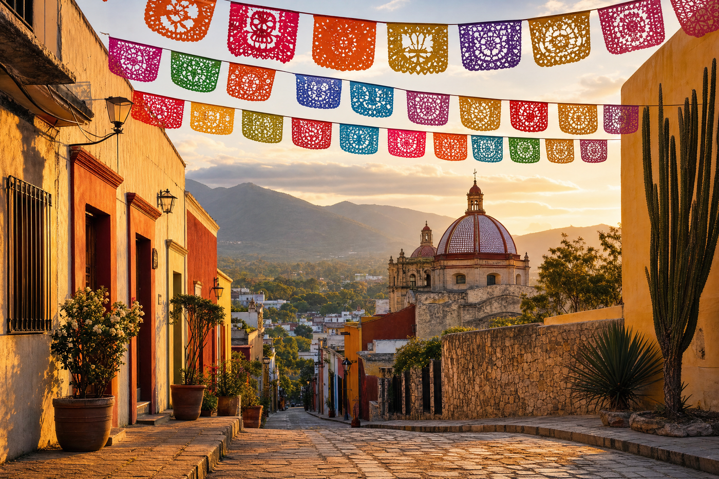 Oaxaca city streets with historic buildings and mountains in the background.