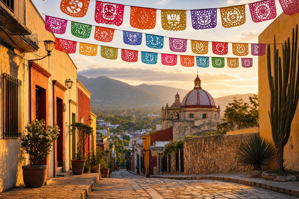 Oaxaca city streets with historic buildings and mountains in the background.