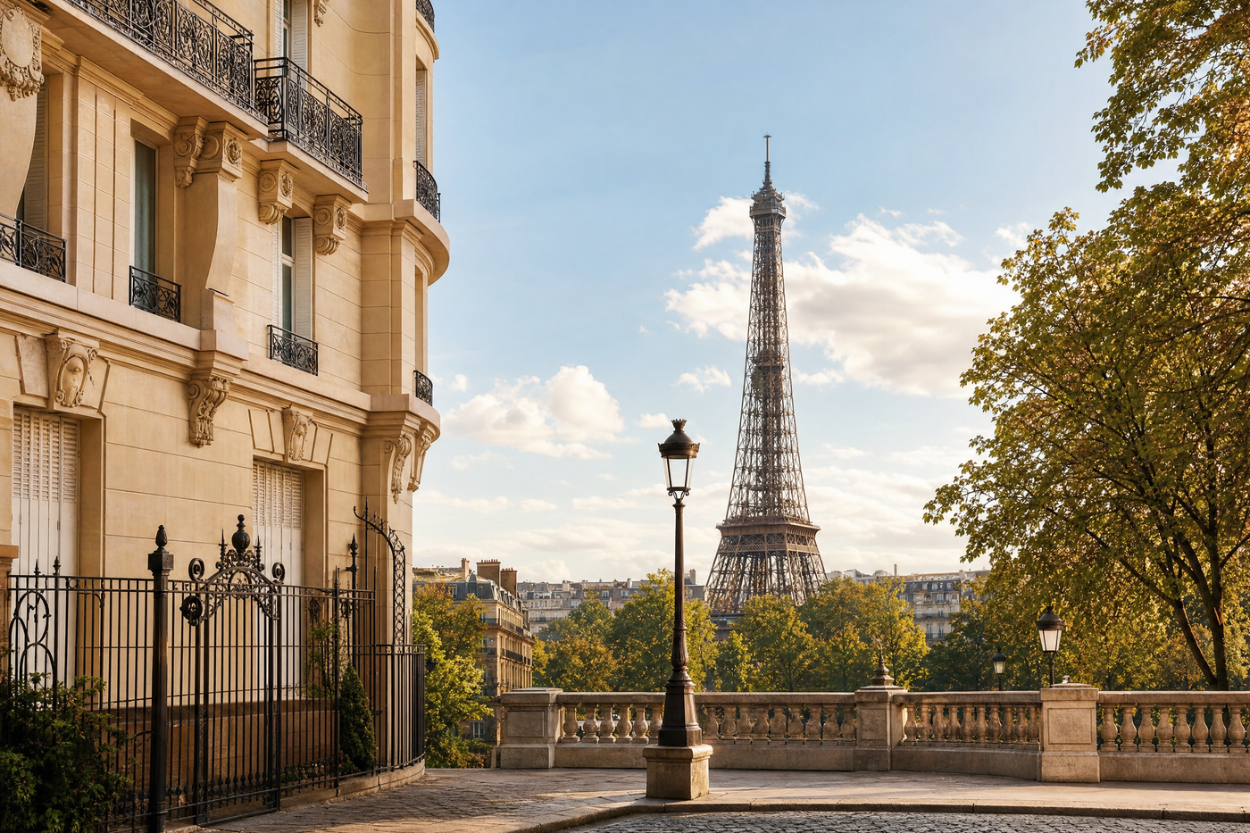 Paris cityscape with Eiffel Tower, neighborhoods and Seine in view