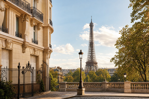 Paris cityscape with Eiffel Tower, neighborhoods and Seine in view