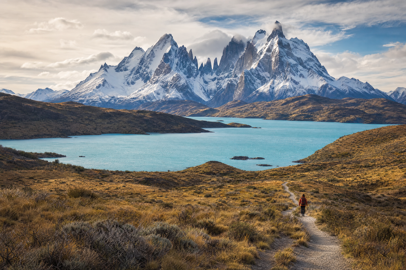 A panoramic view of Patagonian mountains, lakes, and a small town at sunrise