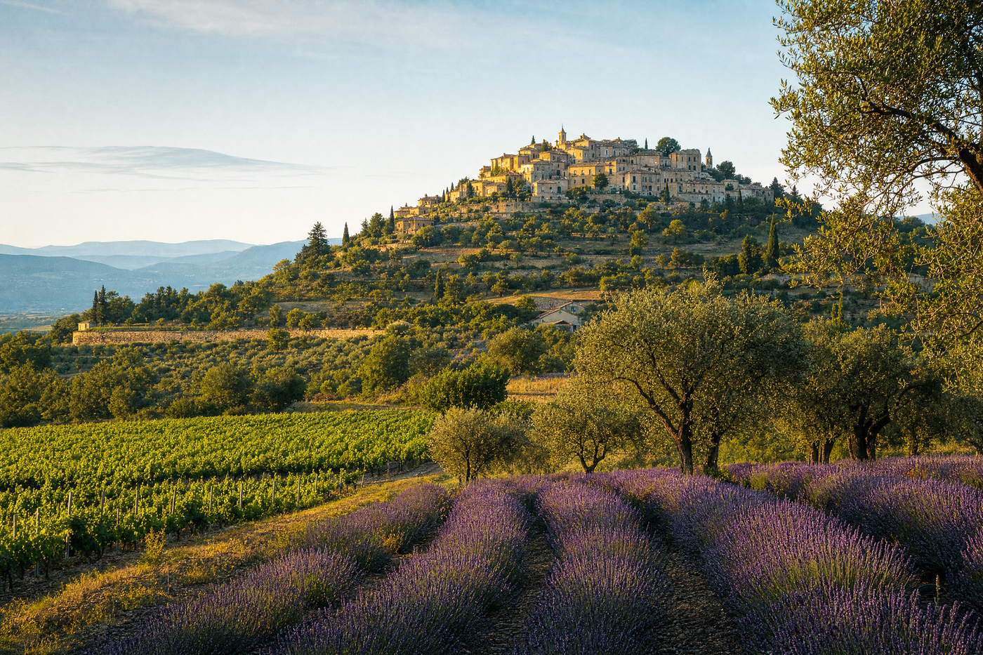 Colorful hilltop village in Provence with lavender fields and terracotta-roofed houses