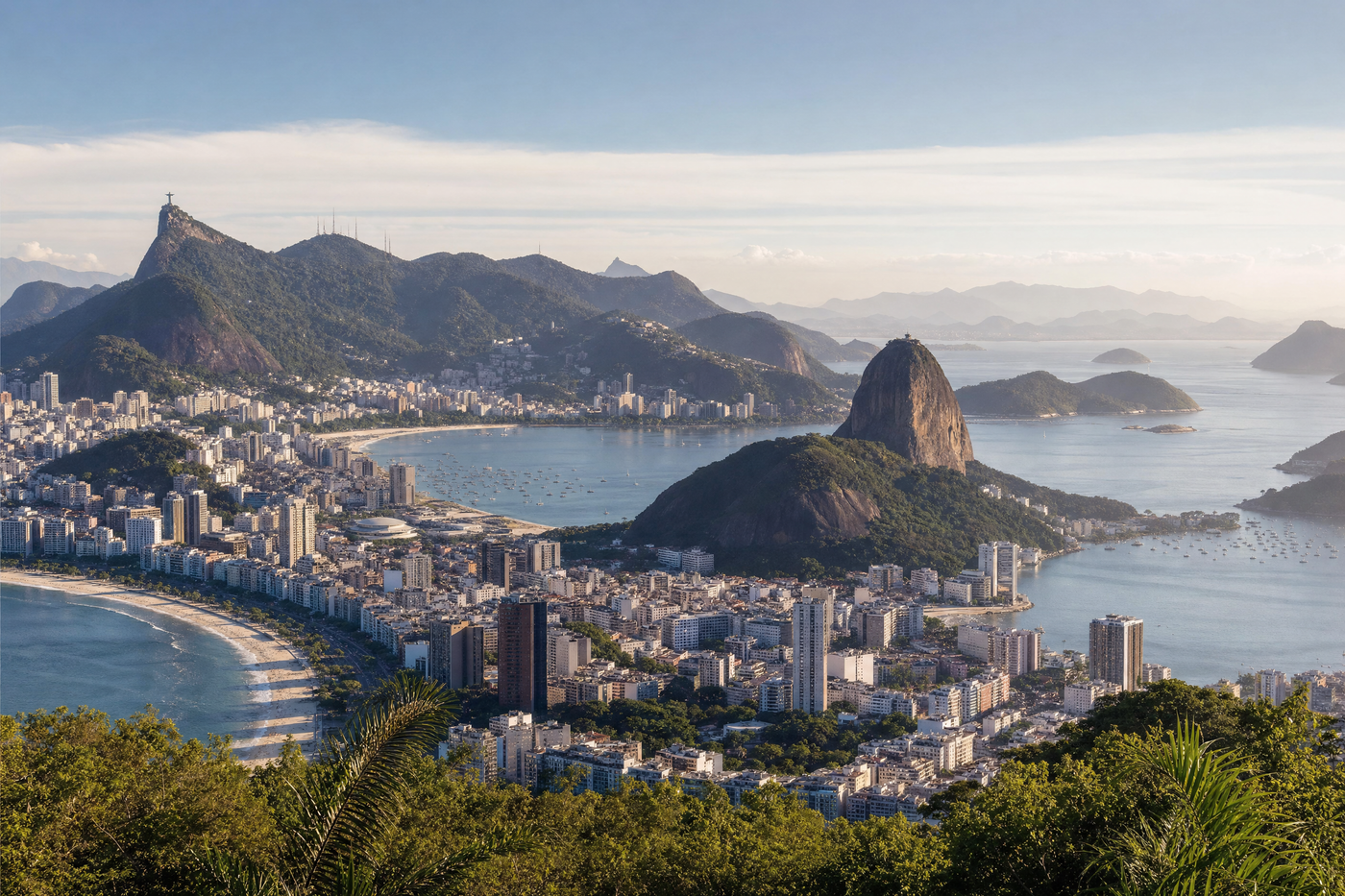 Aerial view of Rio de Janeiro's Copacabana neighborhood with Sugarloaf Mountain in the background