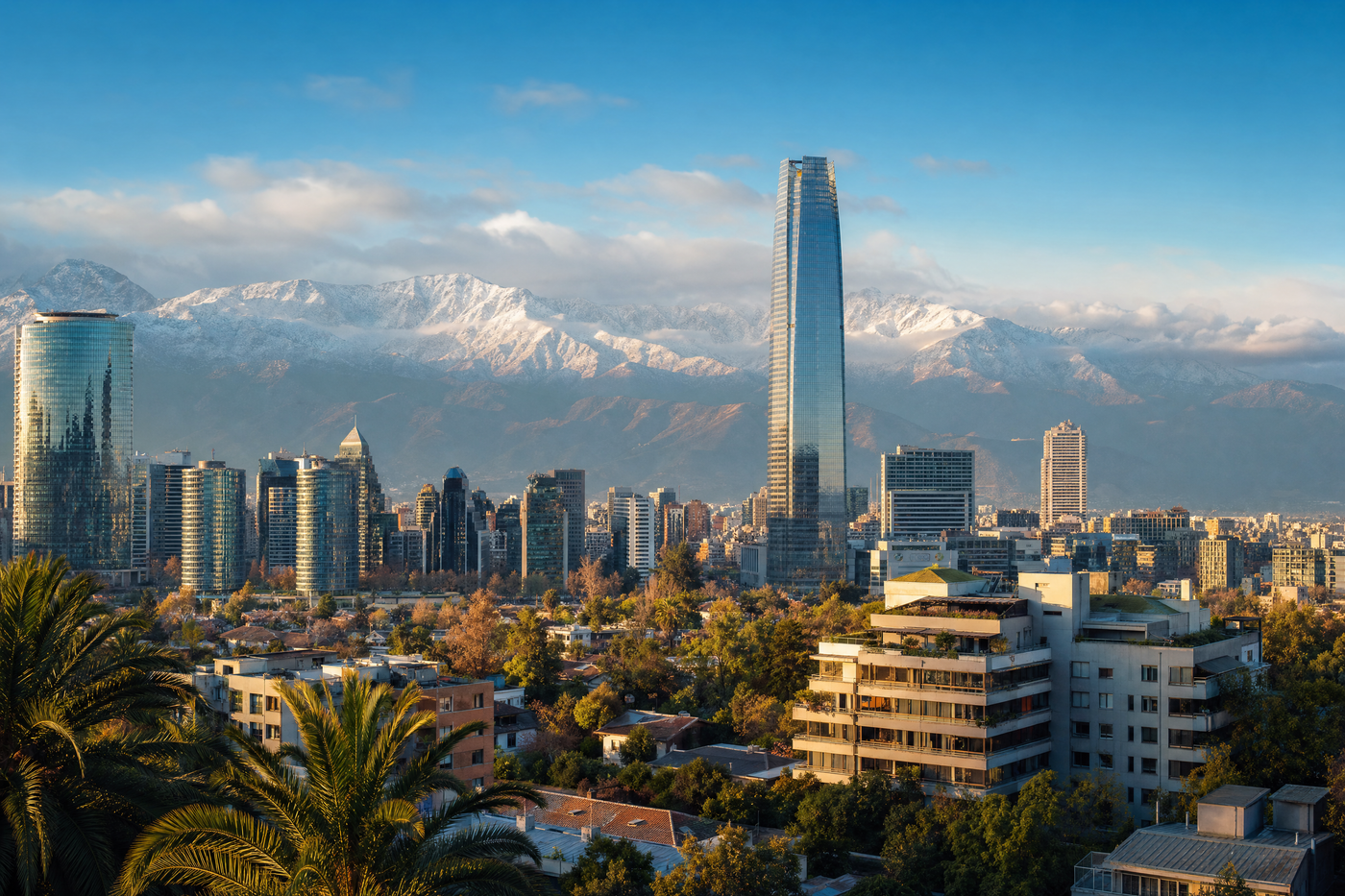 Overlooking Santiago with mountain backdrop, varied neighborhoods below.
