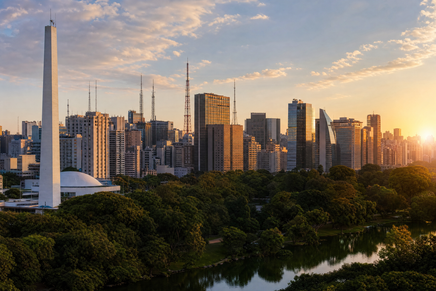 Skyline of São Paulo with diverse neighborhoods during sunset.
