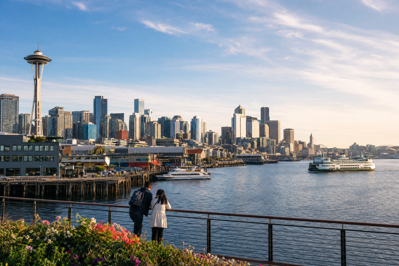 A panoramic Seattle skyline featuring iconic neighborhoods and the Space Needle