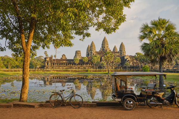 Traditional and modern hotels near Siem Reap's Old Market area at sunset