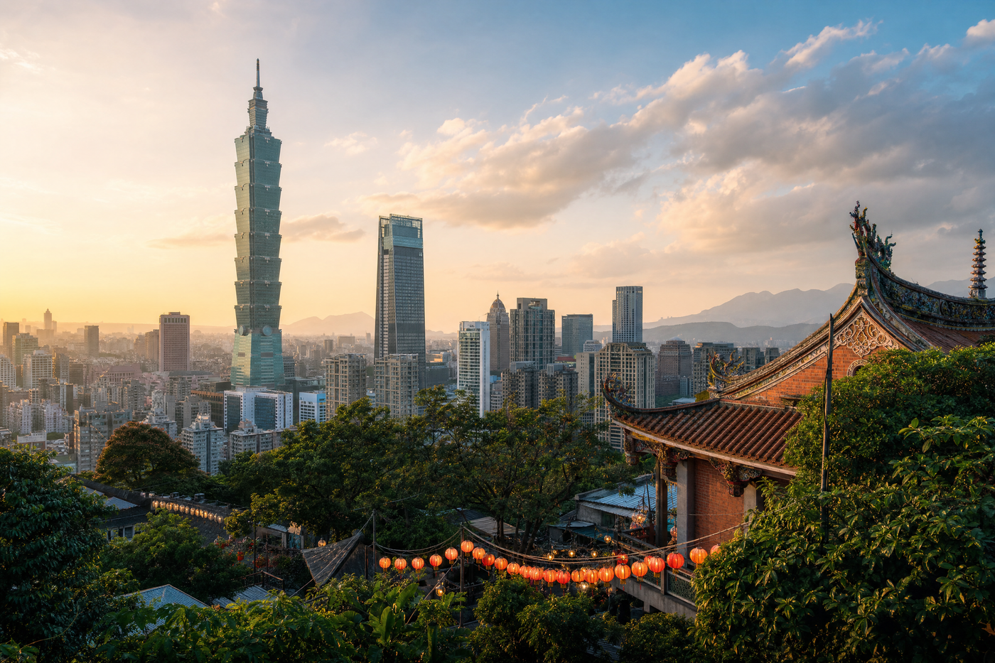 Taipei skyline at dusk with Taipei 101 tower lit up