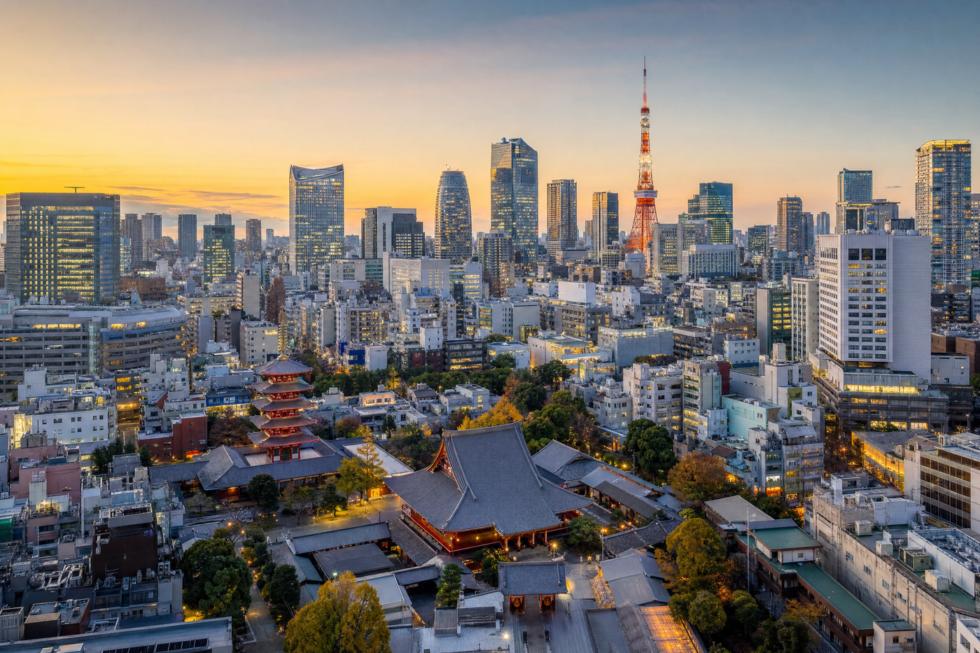 Tokyo city skyline with diverse neighborhoods at sunset