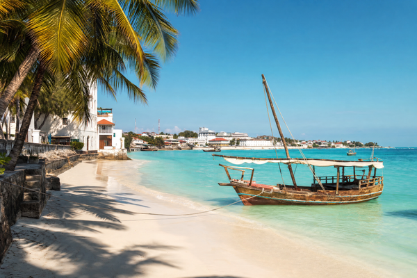 Beachfront guesthouses and turquoise sea in Zanzibar, Tanzania